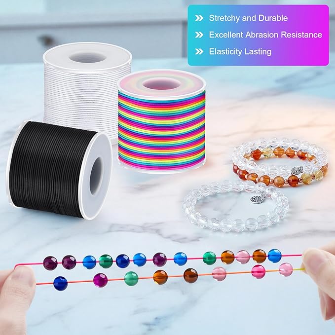 492 Ft Stretchy Bracelet String 1mm Elastic String for Bracelets 3 Roll Elastic String Elastic Cord for Jewelry Making Necklaces Beading Crafts with Scissors & Beading Needle(Rainbow, White, Black)