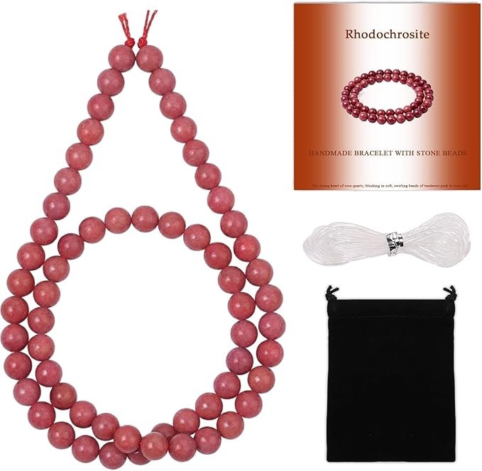 Stone Beads, 60pcs Rhodochrosite, 6mm Round Loose Beads for Jewelry Making, Bracelets, with Bag, String & Card