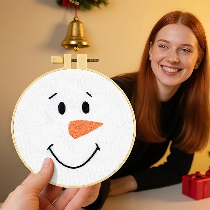 Christmas Embroidery Kits for Beginners Adults, Cute Embroidery Christmas Ornament Kits, Xmas Cross Stitch Kits for Beginners Craft Kits for Adults Women, 2 Sets Embroidery Hoops & Video Tutorial
