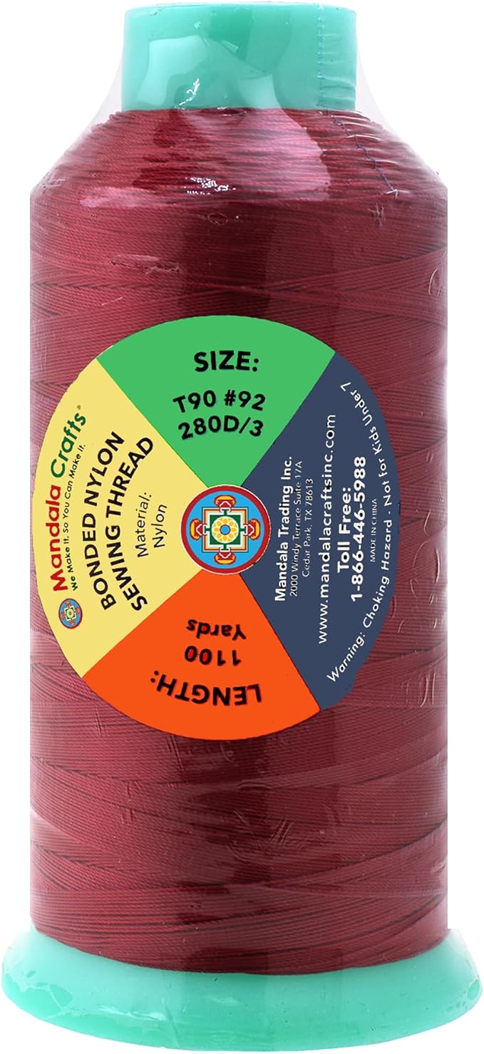 Mandala Crafts Size 92 280D T90 Bonded Nylon Thread - Maroon 1100 YDs Tex 90 Heavy Duty Sewing Threads for Leather, Jeans, Weaving, Outdoor Marine Upholstery