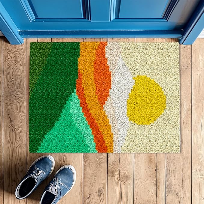 ORIGACH Landscape of Sunset Mountain Latch Hook Rug Kits, Color Stamped Grid Cloth Handmade Rug, Pattern Printed Carpet Kit, DIY Crochet Rug for Adults Home Decoration Festival Gifts 52 x 38 cm