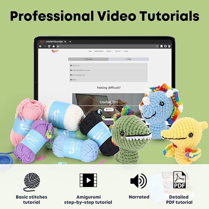 Crochet Kit for Beginners Adults - 3pcs Dinosaur Starters Crochet Kit, Beginners Crocheting Kitting for Adults Teen, DIY Craft Gifts with Crochets Yarns, Hook, Step-by-Step Video, Instruction