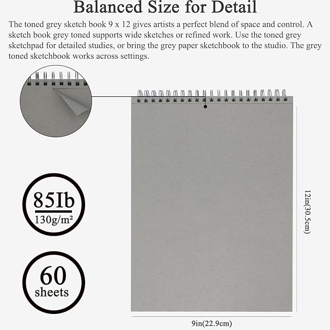 fuxi toned grey sketch pad, 9x12 spiral sketchbook, 60 sheets (85lb/130gsm) art paper, artist paper for drawing with pencil, charcoal for artists & students, art class.