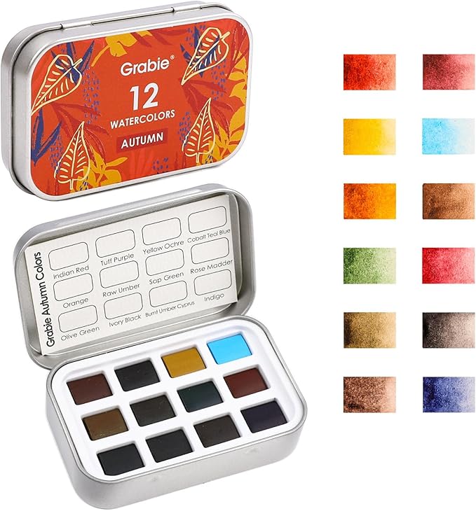 Grabie Pocket Watercolor Set of 12, Travel Watercolor Paint Set, Watercolor Paints, Art Supplies for Painting, Great Watercolor Set for Artists, Amateur Hobbyists and Painting (Autumn)