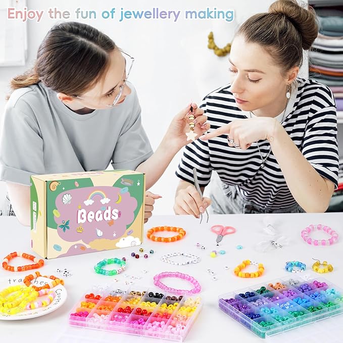QUEFE 1900pcs,48 Colors, Pony Beads Bracelet Making Kit, Rainbow Kandi Beads Friendship Bracelet Kit, Letter Beads For Jewelry Making with Elastic Strings for Bracelet Necklace Making, Craft Gifts Set