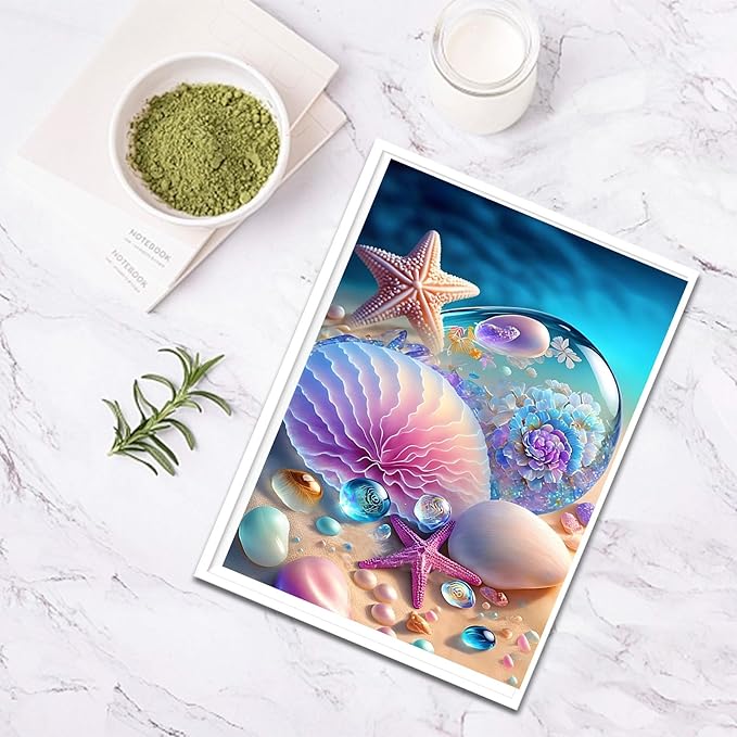 SENQAO Beach Diamond Painting Kits for Adults, Round Full Drill Sea Shells Starfish Diamond Art Kits, DIY 5D Diamond Painting Beach Diamond Art Kits Picture for Home Wall Decor 30x40cm