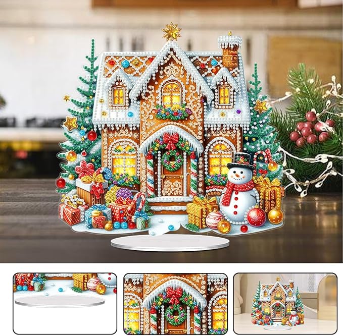 LAKEQUILL Christmas Diamond Painting Kits, Tabletop Ornament, Stand Up Diamond Art Desktop Kits Cookie House for Home Office Decor, New Year Gift