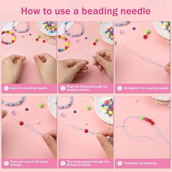 6 Pieces Beading Needles, 2 Sizes Collapsible Eye Needles for Beading with Needle Bottle and 3 Pcs Bead Needle Threader for Jewelry Making (4.52inch+5.03inch)