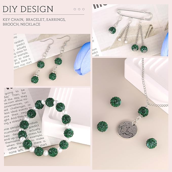 200 pcs emerald rhinestone beads for jewelry making, sparkle crystal clay christmas for bracelet baseball necklace earring crafting and diy, shiny round shamballa disco ball beads bulk