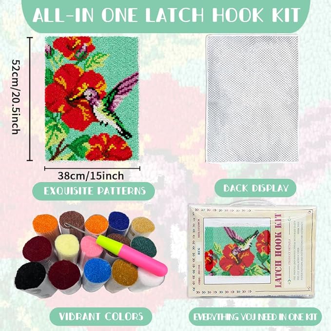 ORIGACH Hummingbird Latch Hook Rug Kit for Adults Printed Rug Making Kit Handmade Carpet Tapestry Cover with Hook Latch and Preprinted Canvas, Home Arts Crafts Sofa Decor, 20.5x15inch
