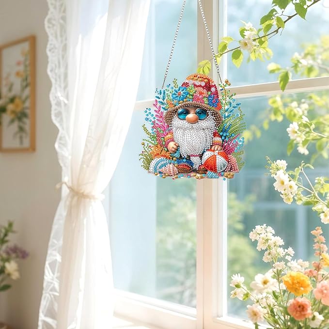Lxmsja DIY Cute Little Gnome Diamond Painting Hanging Ornament, Double-Sided Acrylic Beach Seashells Diamond Art Kit, Special Shaped Suncatcher Hanging Pendant Window Art Kit