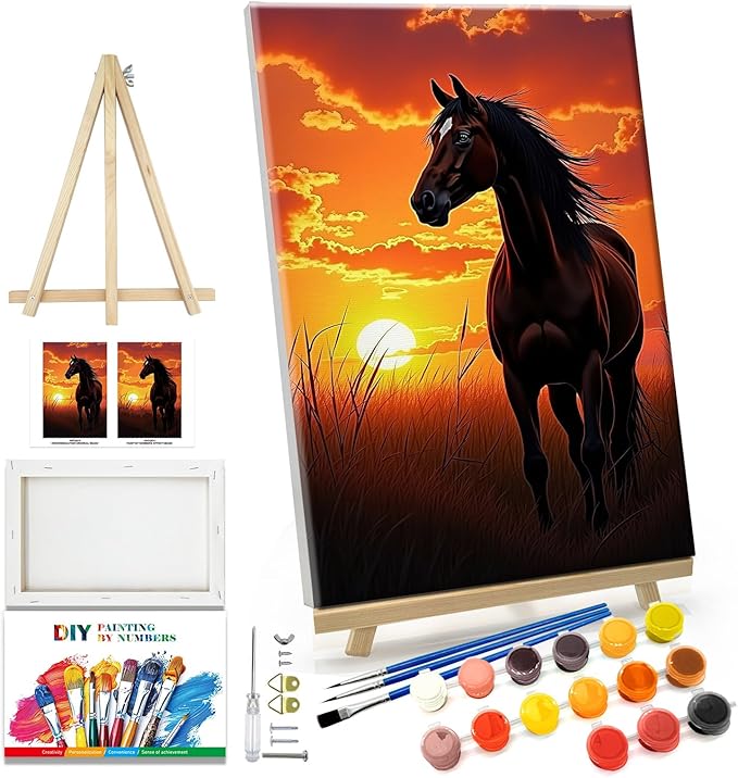 JOOZ Horse Paint by Numbers Kit for Adults with Frame Sunset Paint by Number with Easel Adult Paint by Number Kits Framed Canvas Oil Painting Kits for Home Wall Decor 8x12 Inch