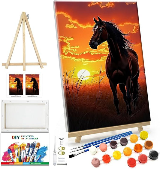 JOOZ Horse Paint by Numbers Kit for Adults with Frame Sunset Paint by Number with Easel Adult Paint by Number Kits Framed Canvas Oil Painting Kits for Home Wall Decor 8x12 Inch