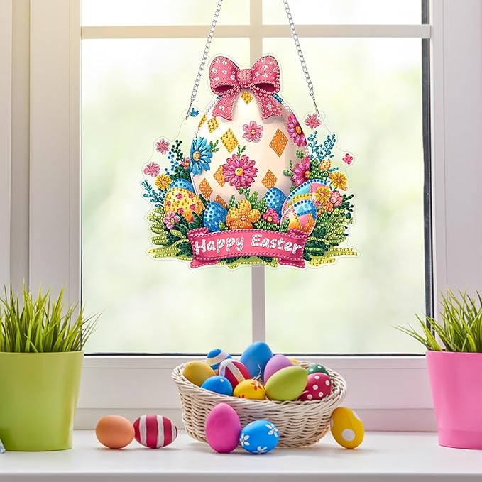 NAIMOER Easter Egg Diamond Art Hanging Kits for Adults, 5D Special Shaped Rhinestone, DIY Acrylic Spring Diamond Art Painting Window Pendants Home Garden Wall Hanging Ornament Kits, Double Sided