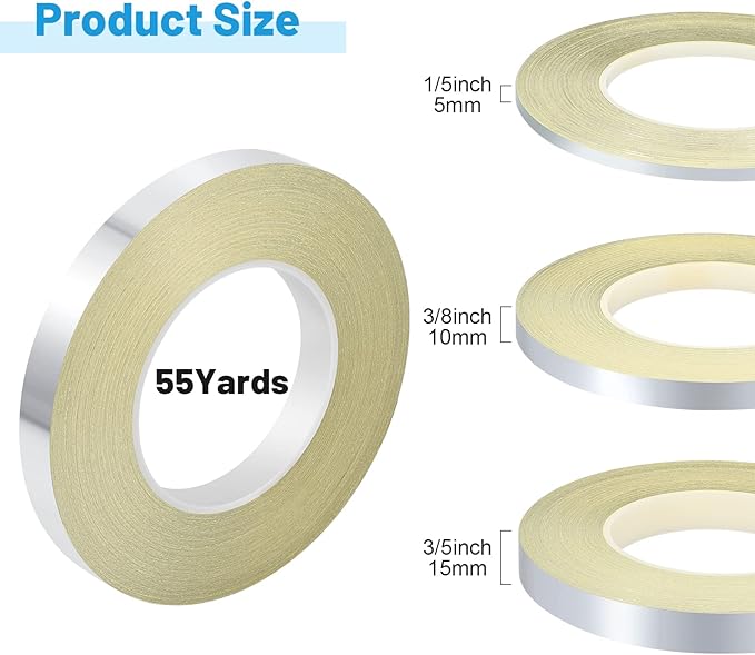 Zonon 3 Sizes Silver Self Adhesive Polyester Film Tape Washi Tape for Car Furniture Graphic Arts Walls Decor, 55 yds(5/10/15mm)