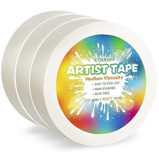 3 Packs White Art Tape Medium Tack Artist Masking Tape Paper Acid Free Tape Watercolor Painters Tape Artists Tape for Drafting Art Watercolor Painting Canvas Framing, 1 inch Wide 495FT Long