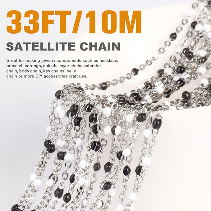 33 Feet Stainless Steel Enamel Chains Bulk, 2mm 304 Stainless Steel White Black Enamel Beaded Cable Link Chain Roll Spool for Jewelry Making