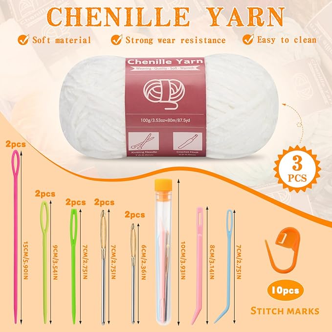 LUNARM Chenille Yarn for Crocheting Knitting, 3 Skein 263 Yard Thick Soft Chunky Fluffy Weaving Plush Yarn for Blankets Clothes Pattern Creations with Big Eye Needles (White)
