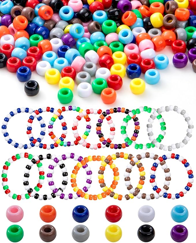 1000+ Pcs Pony Beads, 9mm Multi-Colored Kandi Beads for Bracelet Making, Hair Braids, Necklaces, Key Chains, Jewelry (Rainbow Pack)