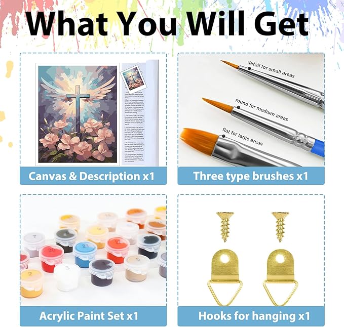 hkejoi Religious Paint by Numbers Kit for Adults Beginners, Adult Paint by Number Kits on Canvas Cross, Painting by Number DIY Acrylic for Gift Home Decor 16x20 in