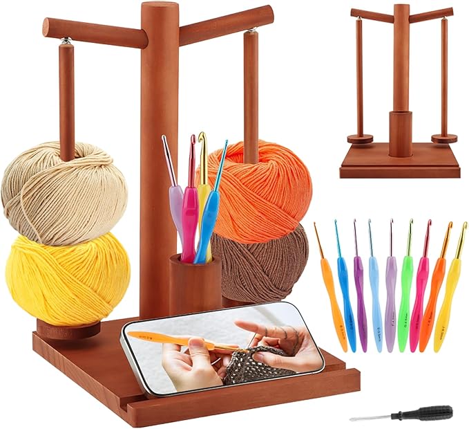 Wooden Yarn Holder - 9PCS Crochet Hooks, Magnetic 2-Spindle Spinner for Crocheting & Knitting | with Phone Stand & Hook Storage | Yarn Enthusiasts' Choice