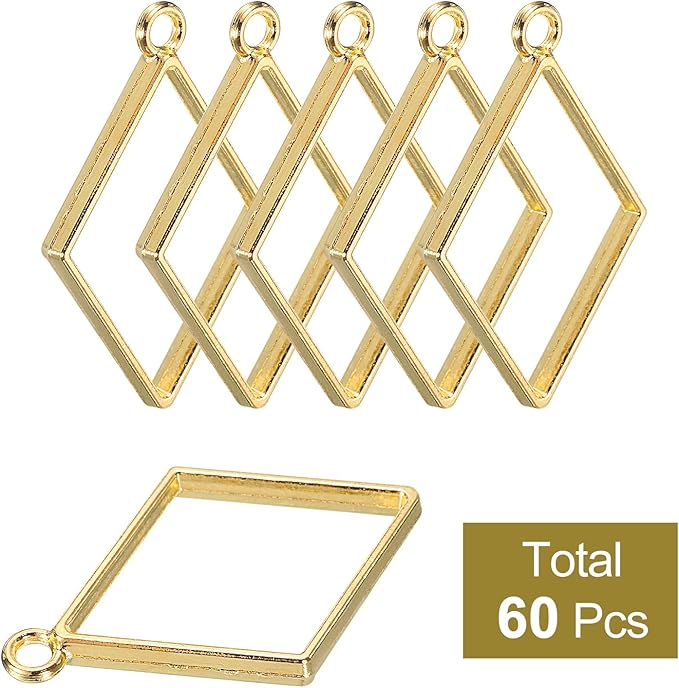 uxcell 60Pcs Alloy Open Bezel Pendants, Diamond Shape Hollow Frame Pendant Geometric Open Back Frame Pendant for Resin Jewelry Making Earrings Necklace Bracelet DIY, Gold Tone