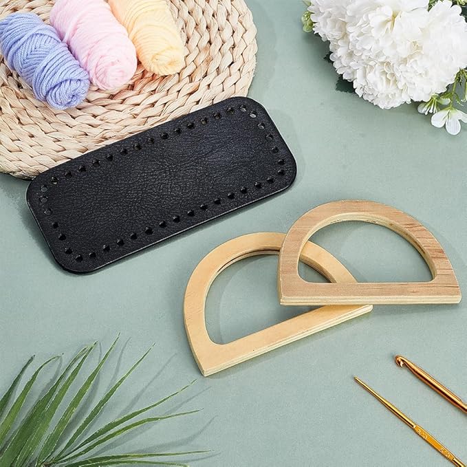 PH PandaHall Crochet Bag Making Kit, 7x3 inch PU Leather Bag Bottom Black Cushion Pad with 2pcs 4.7x3.3 inch D Shape Wooden Purse Handles for DIY Knitting Bags Handbag Shoulder Bags Making