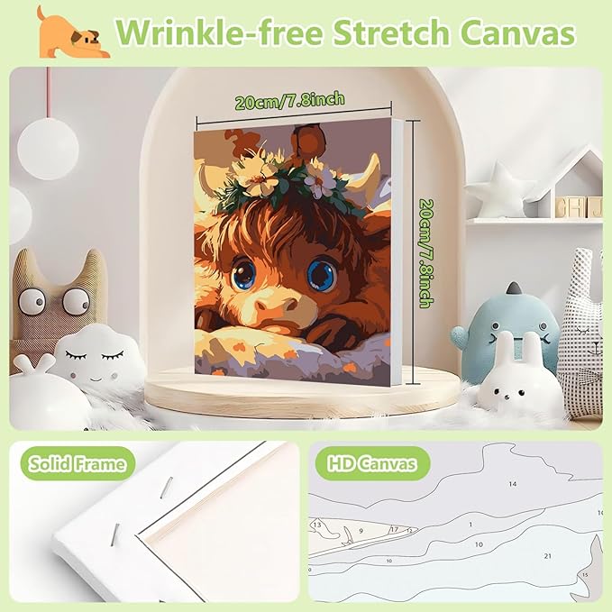 Reivworl Paint by Numbers Kit for Kids with Frame and Easel, Cow Paint by Number for Kids Age 6-8-12, Acrylic Paint by Numbers for Gifts and Home Decor (8X8 inch)