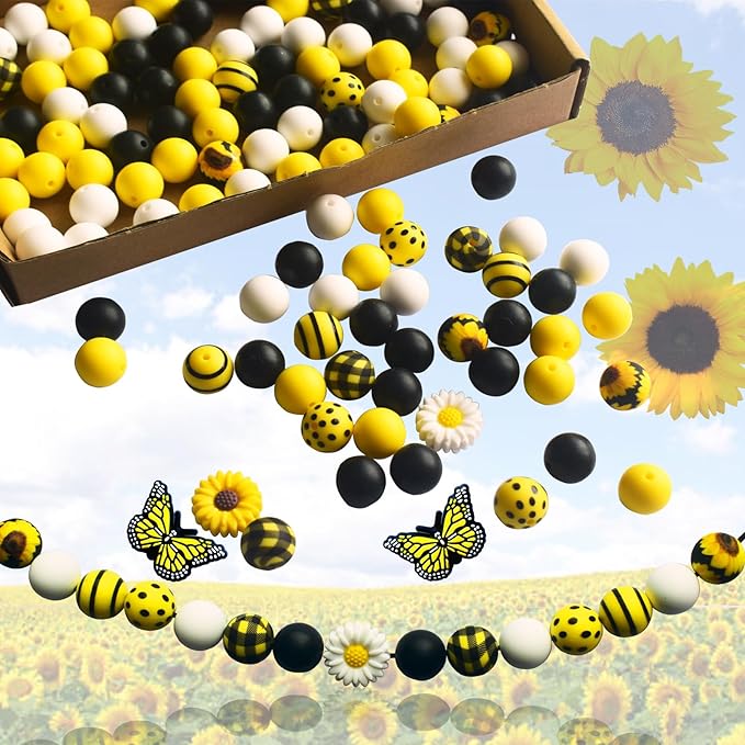 132pcs Butterfly Silicone Beads Bracelet Making Kit, 15mm Yellow Black White Round Silicone Bead Bulk, Sunflower Craft DIY Keychain Wristlet Jewelry Making with Elastic Rope
