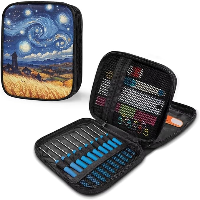 Hechitok Starry NightKnitting Needles Case Empty Zipper Bags Organizer Portable Travel Crochet Hook Storage Bag with Web Pocket for Carrying Various Crochet Needles