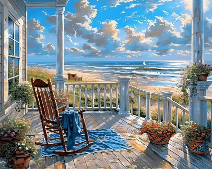 Landscape Cross Stitch Kits for Adults Beginner,Beach Counted Cross Stitch Kits Printed Stitching Cute Patterns Dimensions Needlepoint Art Crafts Embroidery Kits for Adults Beginners (15.7x11.8 inch)