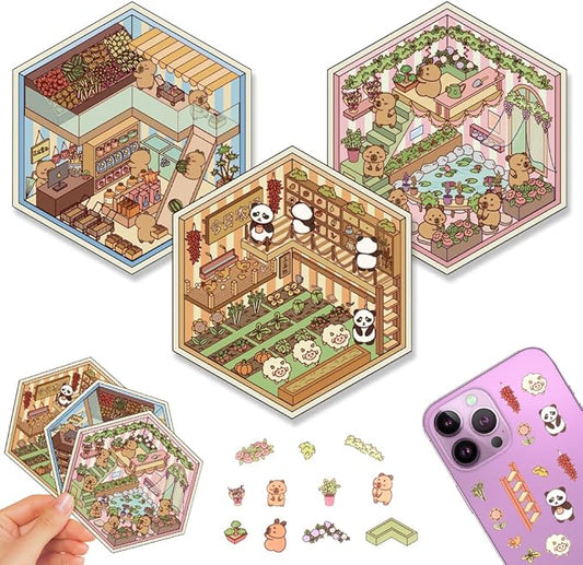 Scrapbooking Supplies Kit,DIY 3D Stickers Scene,3 Set Funny DIY Sticker Scenes,Make Your Own Cute 3D Miniature Room Scene Stickers for Adults Relief Stress Pass The Time.12-13-14