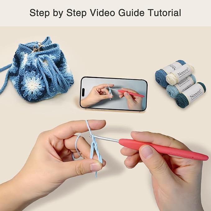 Noocro Crochet Kit Granny Square Shumai Bag, Purse, Complete DIY Kit, Detailed Instructions, Video Tutorials, for Beginners or Intermediate and Advanced Crocheters (Ocean Breeze)