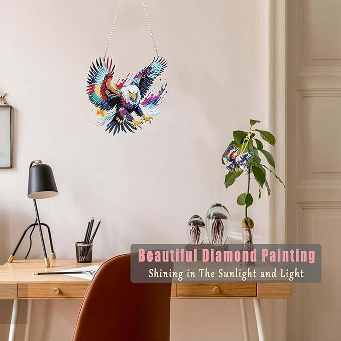Masendp Eagle Diamond Painting Hanging Ornament Kit, DIY Special Shaped Rhinestone Window Hanging Kit, Suitable for Home and Garden Wall Decoration Gifts