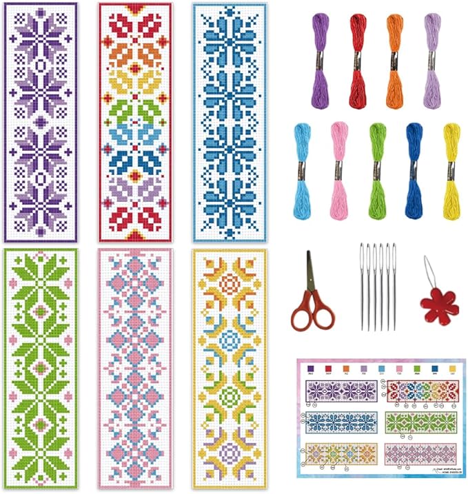 INFUNLY 6PCS Flower Cross Stitch Bookmark Kit for Beginners 8.66"×3.15" Boho Plaid Flowers Embroidery Bookmark Kits Geometric Pattern Cross Stitch Kit with Instruction for Book Lovers Reader Writers