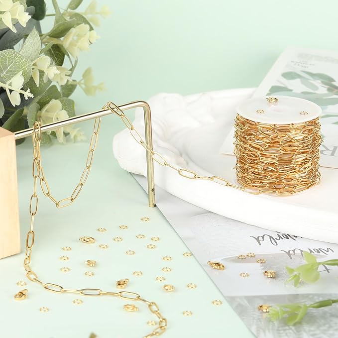 SMYHTGLIF 5 Meters Gold Chain Bulk for Jewelry Making Stainless Steel Paperclip Cable Jewelry Making Chains with Lobster Clasps and Open Jump Rings