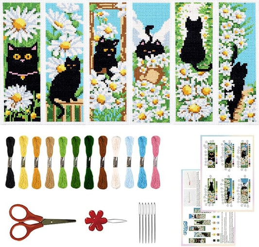 ORIGACH 6 Pcs Cross Stitch Bookmark Kit for Beginner Adults with Backing Felt Floss Instruction, Cat and Daisy Stamped Embroidery Bookmark Kit for Starters Book Lovers