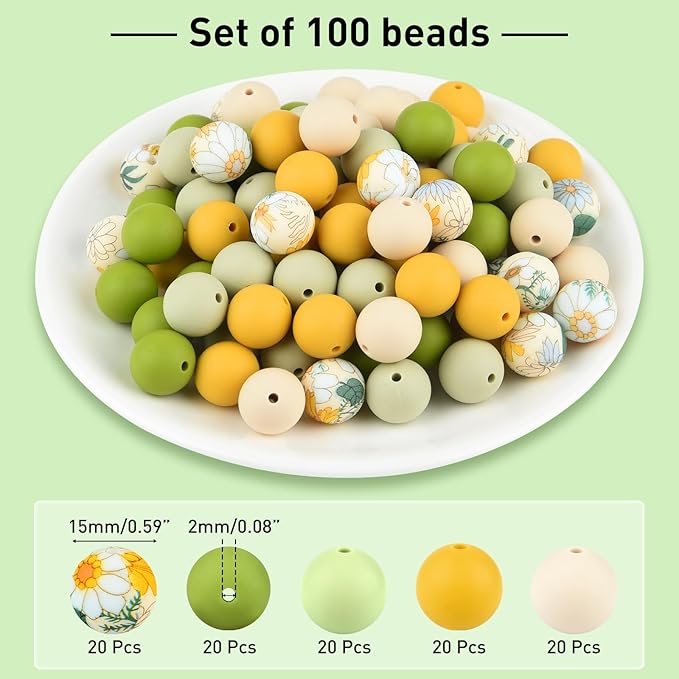 ASTARON 100 Pcs 15mm Silicone Beads for Keychain Making, Yellow Green Silicone Beads Bulk Round Beads for Bracelets Pens Crafts Supplies