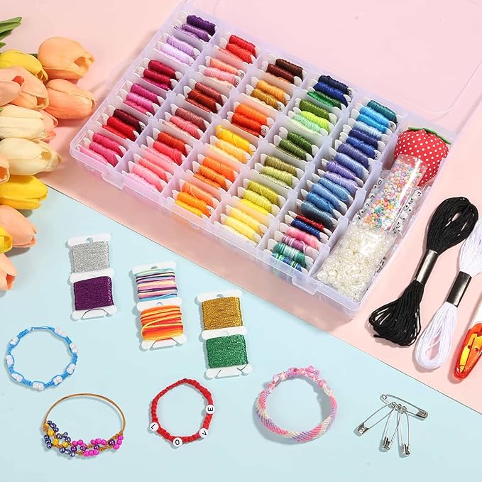 PAXCOO 985Pcs String Bracelet Making Kit, Friendship Bracelet String Kit with 110 Skeins Embroidery Floss Cross Stitch Thread, 830 Beads for Friendship Bracelet Making, 45Pcs Embroidery Tools