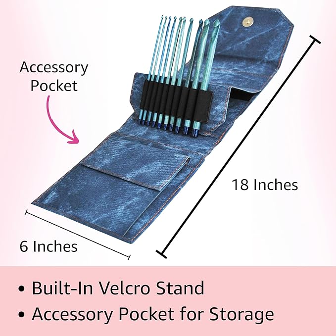 Lykke Indigo 6 in. Set Sizes 3.5, 3.75, 4.0, 4.5, 5.0, 5.5, 6.0, 6.5, 8.0, 9mm Crochet Hooks for Sport, Baby, DK, Worsted, Chunky Yarn, Birchwood with Azure DM Case, Project Bag