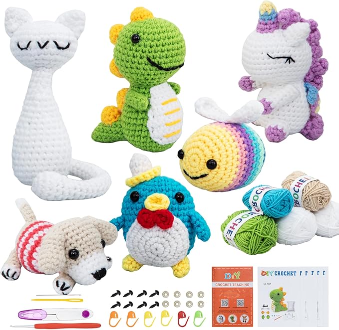 Crochet Kit for Beginners – 6 PCS Crochet Animal Kit, Knitting Beginners Kit with Step by Step Videos, Yarn, Crochet Hook, Great Birthday Holiday Gift (Knitting Kit 2)