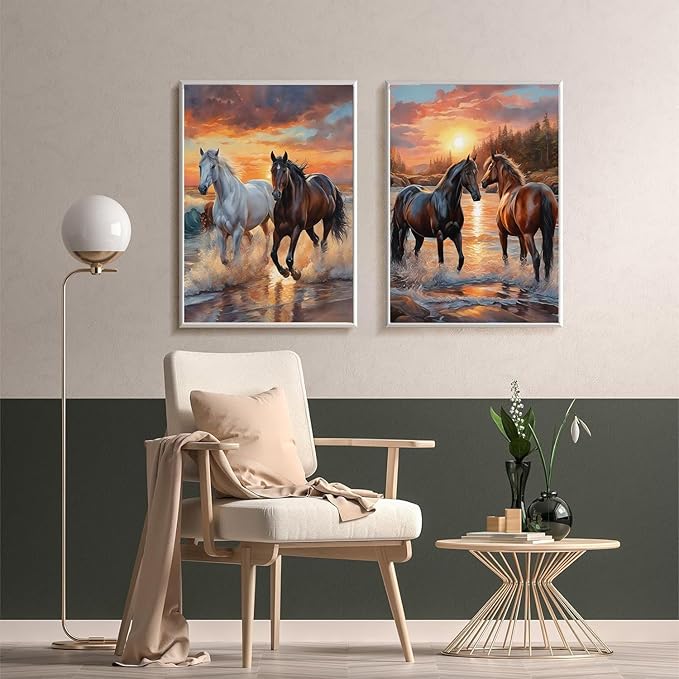 Meothan 2 Pack Diamond Painting Kits for Adults, 5D DIY Horse Diamond Art Kits for Adults Full Drill Round Paint Diamond Dots Gems Art Crafts Painting Kits for Home Wall Decor 12x16Inch Animals