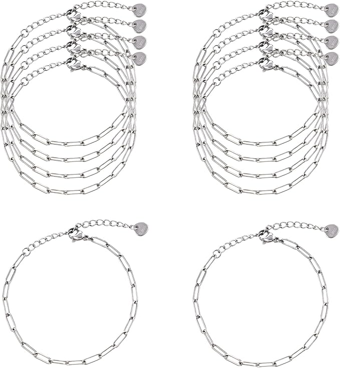 KYUNHOO 10pcs Silver Chain Bracelets Kit Stainless Steel Jewelry Link with Lobster Clasps 6.3 inches Paperclip Chain with Extender for Women Men DIY Bracelet Making Supply Findings