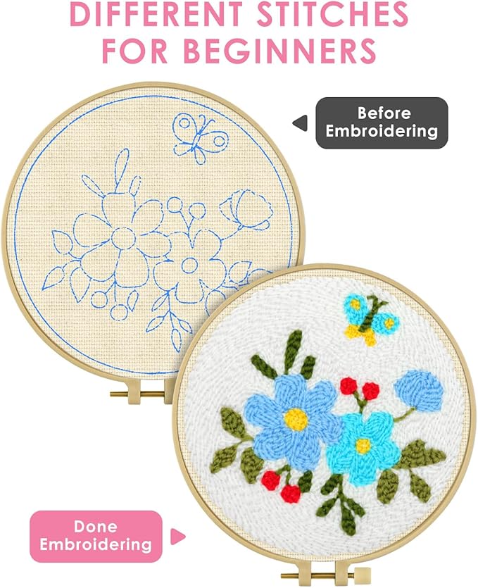 TINDTOP Punch Needle Embroidery Kits, Flowers Punch Needle Kits for Adults Beginner, Tool with Punch Needle Fabric, Hoops, Yarns and Sewing Needles (Set A)