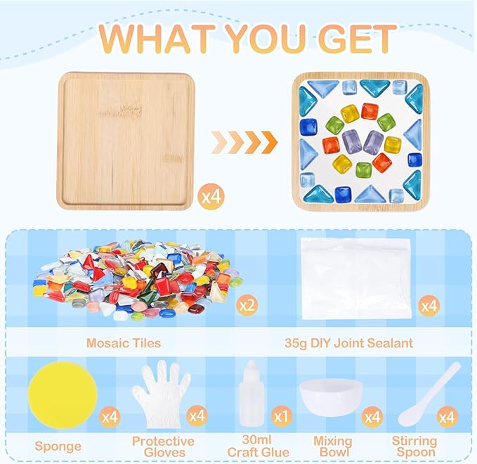 SAYAYA 4 Sets DIY Glass Mosaic Tiles for Crafts Mosaic Crafts Kit with Bamboo Coaster for Adults Glass Coasters Crafts Set for Handmade Home Christmas Halloween Birthday Decoration Gift (Square Set)