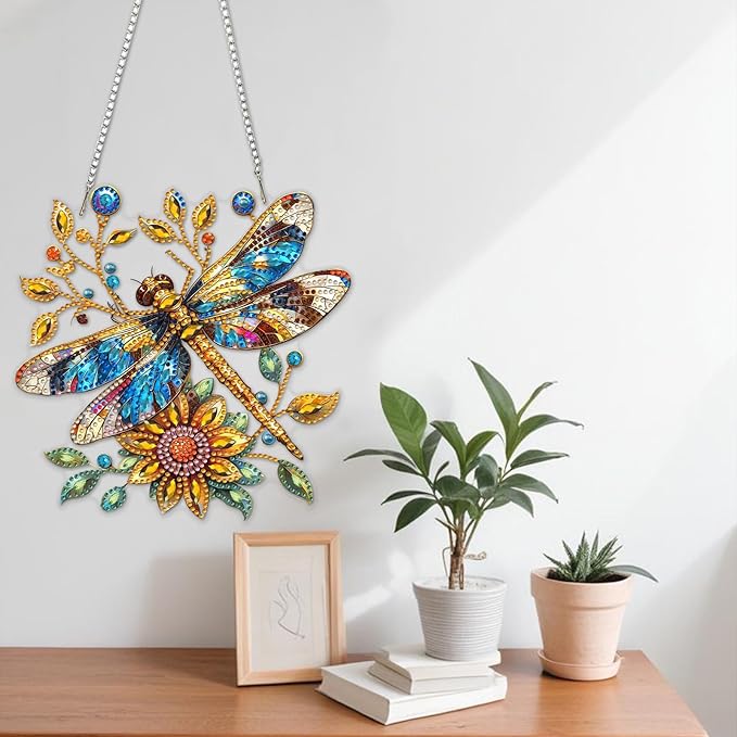 NAIMOER Diamond Art Hanging Kits for Adults Dragonfly 5D Special Shaped Rhinestone, DIY Acrylic Diamond Art Painting Window Pendants Home Garden Wall Hanging Ornament Kits, Double Sided