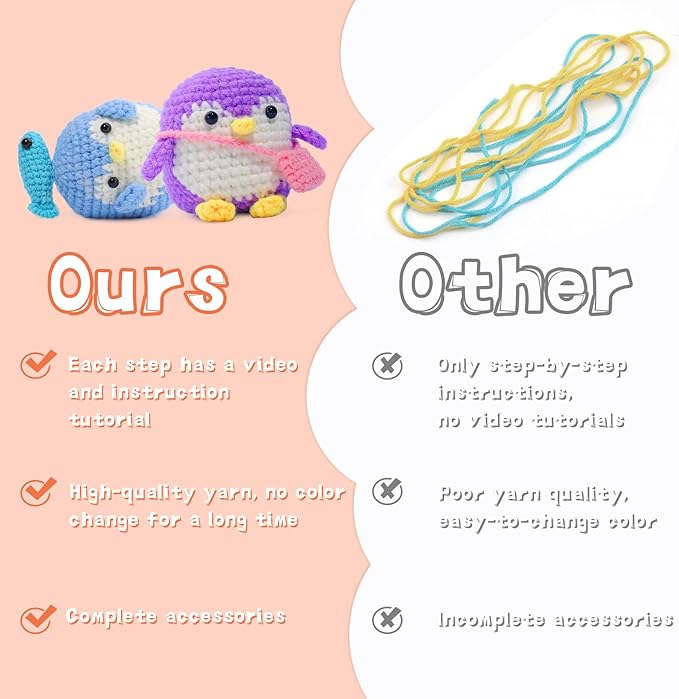 2 Pack Crochet Kit for Beginners, Animal Crochet Kit, Cute Crochet Starter Kit with Video Tutorial, 2 Crochet Hooks, Colored Crochet Yarns, 5 Stitch Markers Complete Crochet Set to Make 2 Penguins