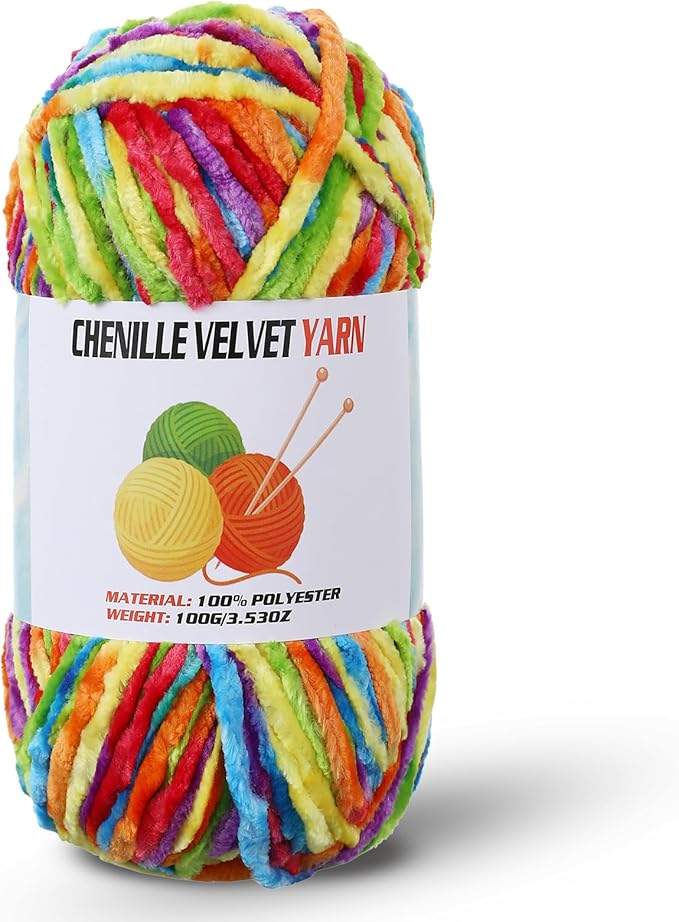 Velvet Chenille Chunky Yarn, Handcrafts Weaving Soft Chenille Yarn for Crocheting Clearance, Used for Making Baby Yarn Blanket, Clothes, Knitting Creations (1 - Bright Rainbow)