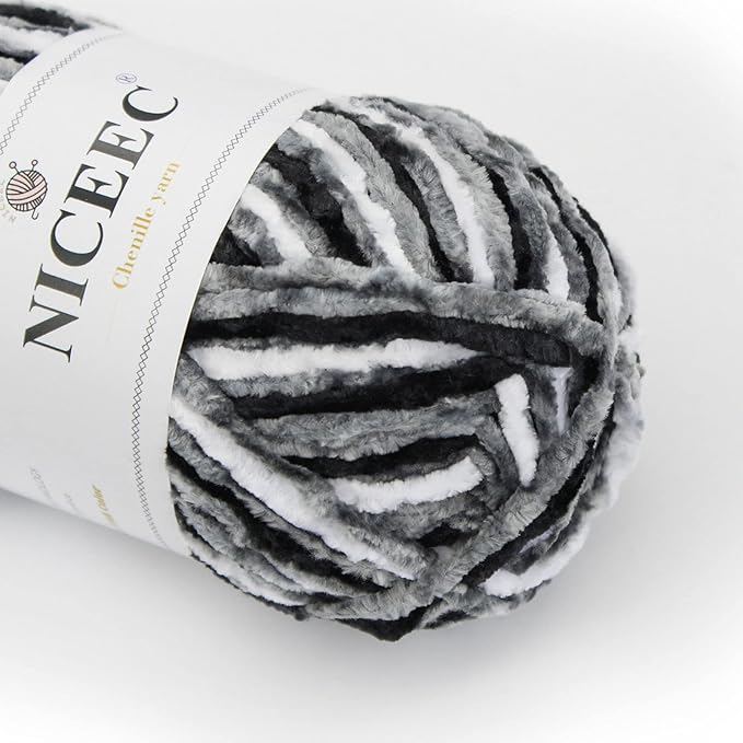 NICEEC 3 Skeins Soft Chenille Yarn Blanket Yarn for Knitting Fancy Yarn for Crochet Weaving DIY Craft Total Length 3×85m (3×93yds, 3×50g)_Black White Gray