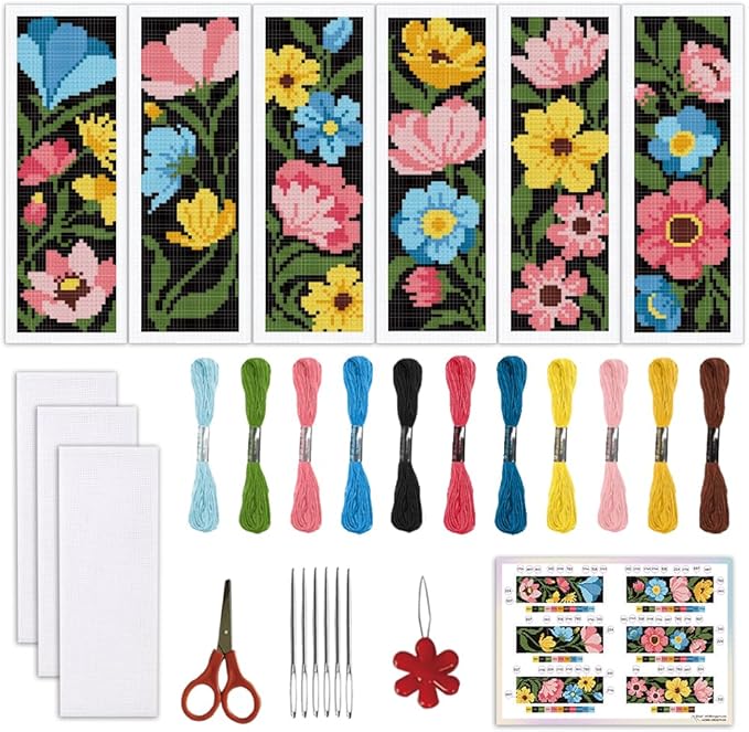 ORIGACH 6 Set Dark Background Flower Cross Stitch Bookmark Kit for Beginners Stamped Embroidery Kit Include Backing Felt and Instruction Beginner Cross Stitch Kits for Adults, Book Lovers
